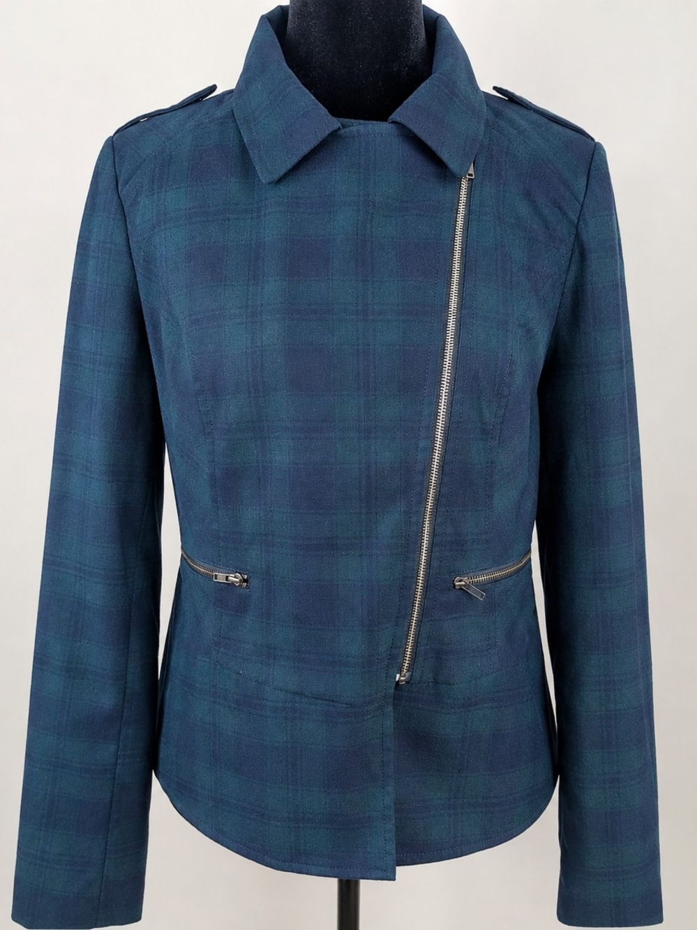 Cabi Plaid Moto Jacket Size 2 Blue Green Asymmetrical Zip Fitted Career Chic